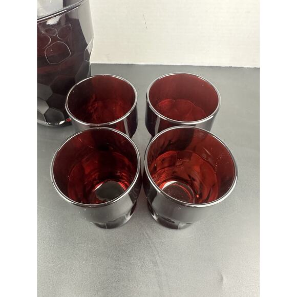 Vintage Ruby Red Georgian Honeycomb Viking 4" Glass Pitcher And 4 Tumblers - Picture 5 of 9